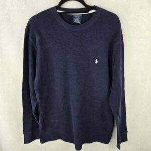 Polo Ralph Lauren Mens XL Navy Blue Waffle Knit Sleepwear Long Sleeve Shirt Logo